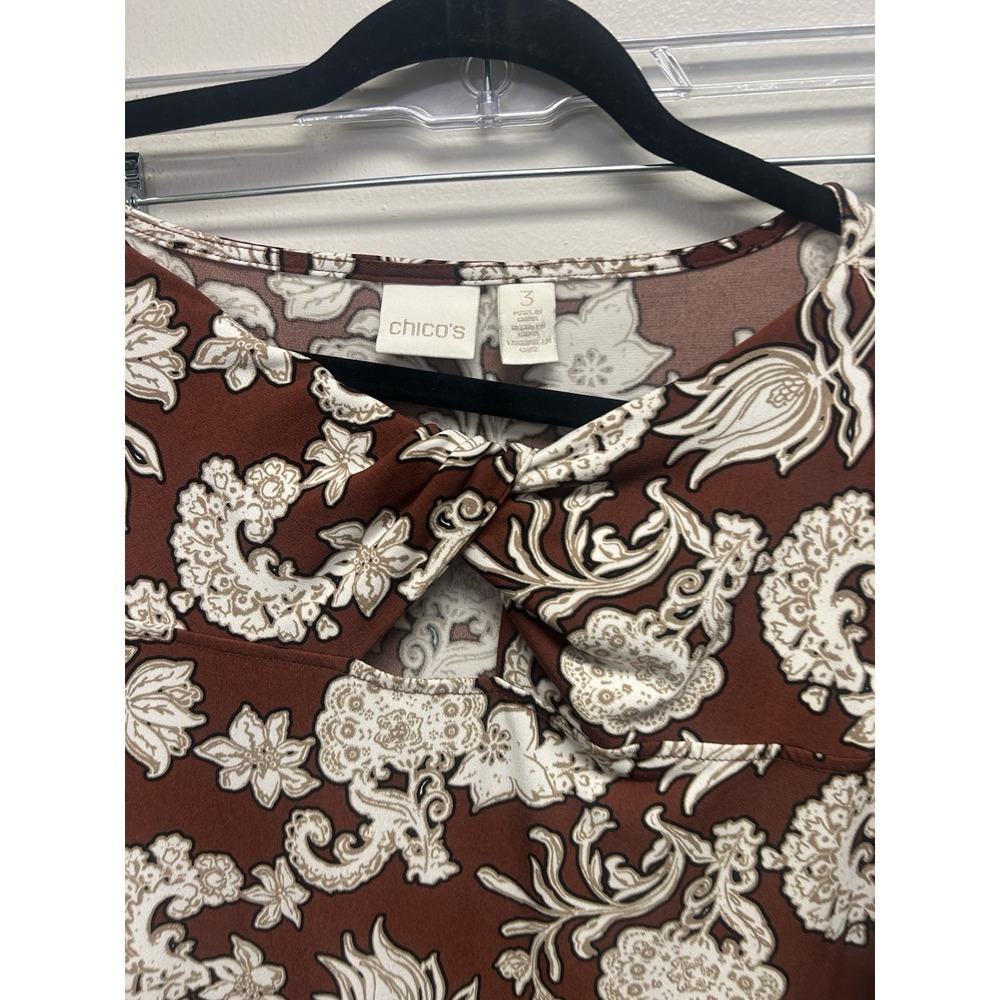 Chico's Blouse Top Women's Size 3 XL Brown Paisley Floral Keyhole 3/4 Sleeve - Picture 2 of 3